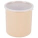 A beige plastic Carlisle crock with a lid.