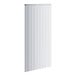 A white vertical surface with white vertical striped curtains on it.