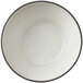 A white stoneware bowl with a black rim.