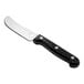 An Acopa stainless steel cheese spreader with a black plastic handle.