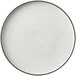 A white Oneida Moira stoneware plate with a black rim.