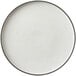 A white Oneida Moira stoneware plate with a black rim.