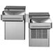 A group of two Haws stainless steel wall mount water fountains over a counter.