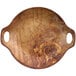 A Cheforward faux wood melamine wok plate with handles.