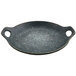 A black round cheforward melamine plate with two handles.