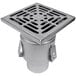 A close-up of a Josam stainless steel square floor drain with a stainless steel grate.
