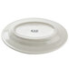 An ivory oval china platter with a wide rim and a logo on it.