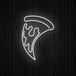 A white neon sign of a pizza slice on a black background.