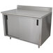 A stainless steel cabinet with two doors on a stainless steel work table.