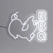 A Canvas Freaks neon sign with the word "BBQ" in white neon on a white background.