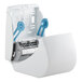 A white auto-cut hands free paper towel dispenser with a translucent cover and blue internal components.