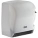A white rectangular plastic paper towel dispenser with a black lever.