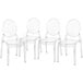 A group of four clear plastic Flash Furniture Revna stackable chairs.