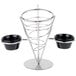 An American Metalcraft stainless steel cone basket with two black bowls on a metal stand.