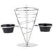An American Metalcraft stainless steel cone basket with two black bowls on a metal stand.