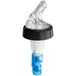 A clear plastic object with a curved tip and a blue collar.