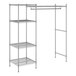 A wireframe of a Regency chrome single garment rack with shelves.