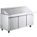 An Avantco stainless steel refrigerated sandwich prep table with three doors on wheels.