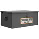 A gray metal Durham Mfg lockable steel welder box with a white label.