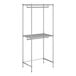 A wireframe of a Regency chrome double hang garment rack with shelves.