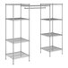 A wireframe of a Regency chrome double garment rack with shelves.