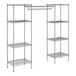 A wireframe of a Regency chrome double garment rack with shelves.