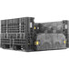 A black Orbis collapsible container with two doors on a black plastic pallet.
