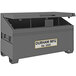 A grey metal Durham Mfg job site box with a white label.