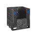 A black plastic crate with blue handles.