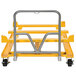 A yellow steel Vestil intermediate bulk container tilting cart with two wheels.