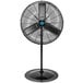 A black Tornado 30" outdoor pedestal fan with a blue logo on a white background.