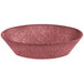 A white polyethylene oval basket with a red rim holding raspberries.