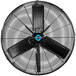 A black Tornado 30" metal wall fan with a blue logo.