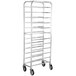 A Winholt stainless steel platter rack with wheels.