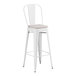 A Lancaster Table & Seating white metal outdoor barstool with a gray cushion.