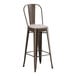A brown metal Lancaster Table & Seating outdoor restaurant bar stool with a gray cushion.