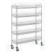 A Regency chrome mobile retail storage display stand with 5 shelves on wheels.