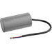 A close-up of a gray cylindrical capacitor with wires.