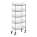 A Regency chrome metal retail display stand with 5 baskets on wheels.