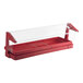 A red Cambro buffet/salad bar with clear sneeze guard.