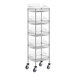 A Regency chrome mobile retail storage stand with 5 baskets on wheels.