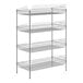 A Regency chrome stationary retail display stand with 4 wire baskets on it.