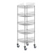 A Regency chrome metal mobile retail display stand with 5 baskets on wheels.