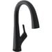 A Zurn Elkay Avado deck-mount matte black kitchen faucet with a single lever.