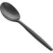 The front of a black stainless steel dessert spoon with a matte finish.