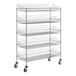 A Regency chrome mobile retail storage display rack with baskets.