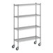 A Regency chrome wire shelving unit with wheels.