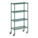 A green metal Regency wire shelving unit with wheels.