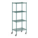 A green Regency wire shelving unit with wheels.