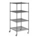 A Regency black wire shelving unit with wheels.